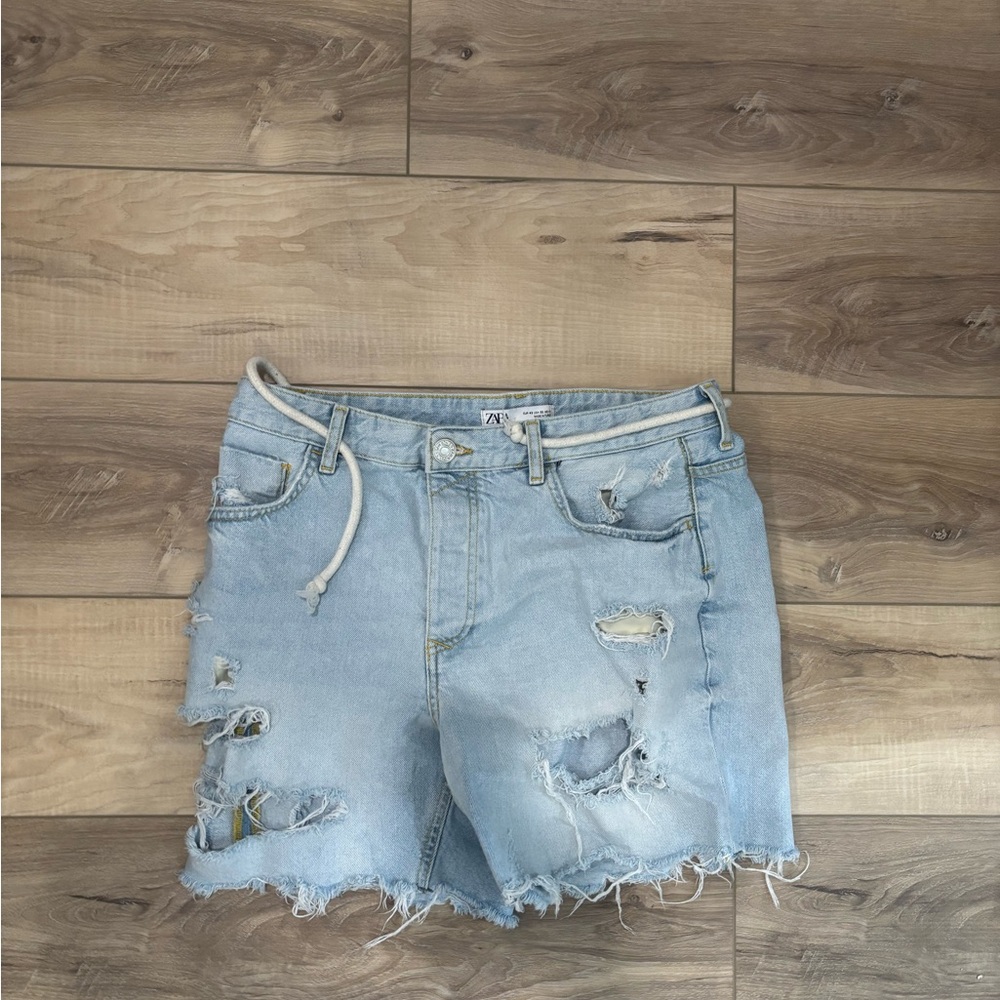 Zara Blue Jean Shorts with Distressed Details
